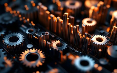 Poster - Close-up view of intricate gears and mechanical components, showcasing the beauty of industrial technology and engineering with a blend of metallic colors and textures.