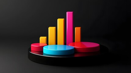 Poster - Colorful 3D graphs and charts depicting data growth and analysis on a dark background, ideal for illustrating financial trends, performance metrics, and business presentations.