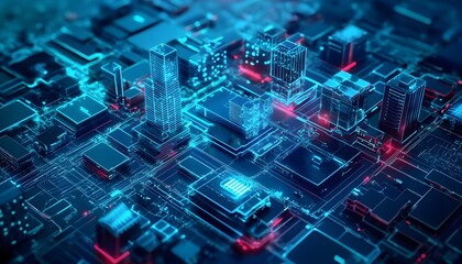 Poster - Futuristic cityscape showcasing a digital landscape with glowing buildings and intricate circuitry representing advanced technology and innovation in urban development.