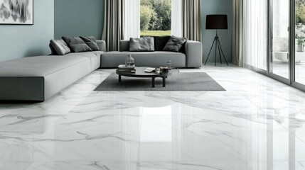 Poster - Modern living room with large grey marble floor.
