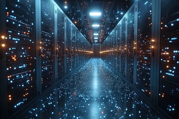 Poster - Data center corridor illuminated by blue and orange lights showcasing advanced technology and server racks