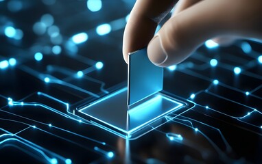 Poster - A close-up of a hand inserting a microchip into a circuit board with glowing blue lines, representing advancements in technology and innovation in electronics.