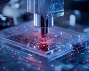 Poster - A close-up of advanced technology in action, featuring a precision tool interacting with a transparent material, illuminated by red light, showcasing innovation and engineering.