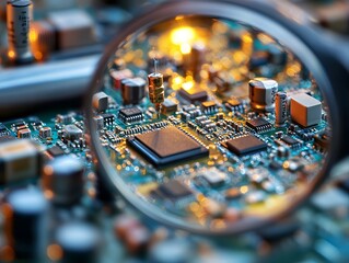 Poster - A close-up view of a circuit board magnified through a lens, showcasing intricate details, microchips, and electronic components illuminated by soft light, representing innovation.