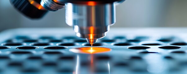 Poster - a close-up view of a high-precision microscope focusing on a slide with samples. the intricate detai