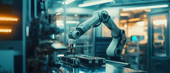 Poster - A close-up view of a sophisticated robotic arm working efficiently in a modern manufacturing environment, showcasing automation and advanced technology in action.