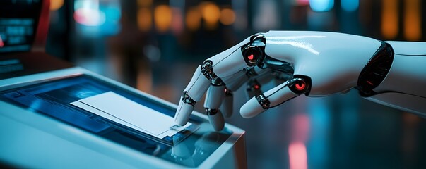 Poster - A close-up view of a robotic hand interacting with a touchscreen display, showcasing advanced technology and automation in modern devices. A glimpse into the future of robotics.