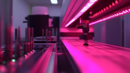 Poster - A close-up view of an advanced printing machine featuring vibrant pink lighting, showcasing its intricate components and machinery in a modern industrial setting.