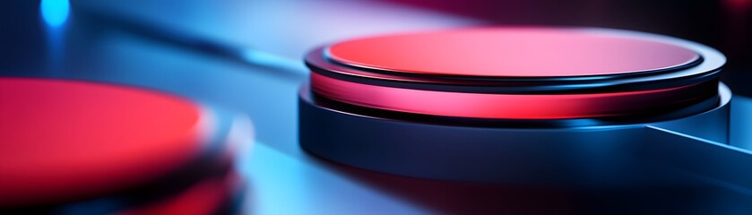 Poster - A close-up view of sleek, modern buttons with vibrant red surfaces, illuminated by blue light. This image captures a futuristic vibe, ideal for tech and gadget-related projects.