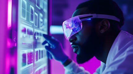 Poster - a focused scientist wearing innovative vr glasses interacts with digital screens, showcasing advance