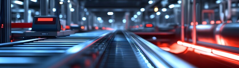 Poster - A high-tech conveyor belt in a modern factory illuminated by red and blue lights