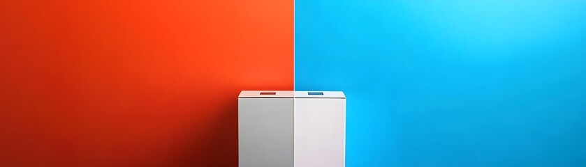 Poster - A minimalist design featuring a white cube positioned between vibrant orange and blue walls, creating a striking contrast that embodies modern aesthetics and artistic expression.