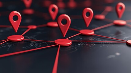 Poster - Red location pins connected by lines on a dark background, symbolizing network and mapping concepts.
