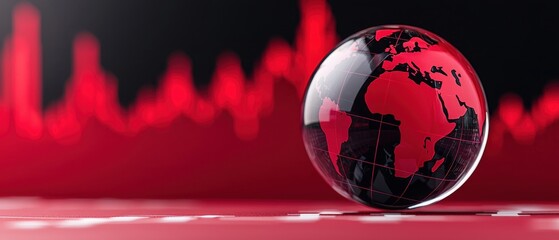 Poster - a red and black globe with a stylized world map, set against a wave graph background.