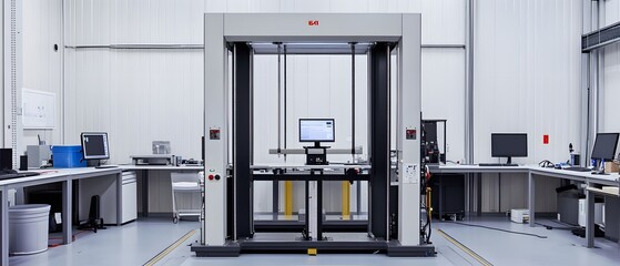 Poster - A modern industrial workspace showcasing advanced machinery for testing and quality assurance. The environment is sleek, with computers and equipment arranged efficiently.