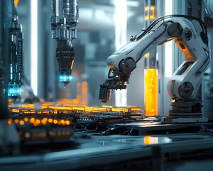 Poster - A modern robotic arm working in a high-tech manufacturing facility, showcasing advanced automation technology in action within a vibrant industrial environment.