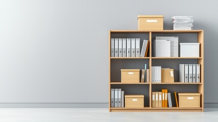 Poster - Modern wooden bookshelf with storage boxes and files in a minimalistic office setting.