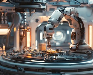 Poster - A robotic arm meticulously assembling components in a futuristic factory setting, showcasing advanced automation technology and precision in modern manufacturing processes.