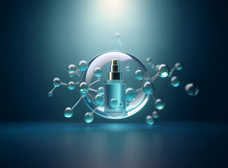 A translucent spray bottle sits inside a glowing sphere, surrounded by floating molecules.  The scene is dark teal, suggestive of a science-based beauty product.