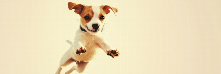Poster - Joyful puppy leaps in the air, showcasing happiness in an outdoor setting on a sunny day with clear skies. Generative AI