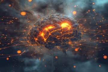 Poster - Visual representation of a glowing brain amidst a swirling background of energy