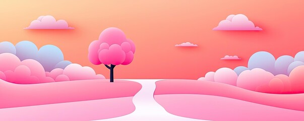 Poster - Minimal skies idea. A dreamy landscape with pink hills and trees under a pastel sky at sunset.