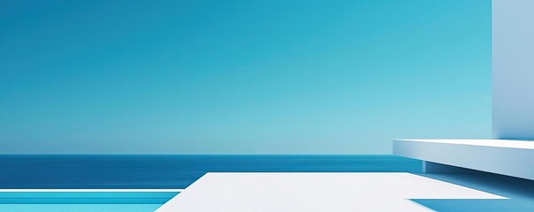 Poster - Minimal skies concept. A minimalist architectural view of a sleek white structure against a vivid blue ocean.