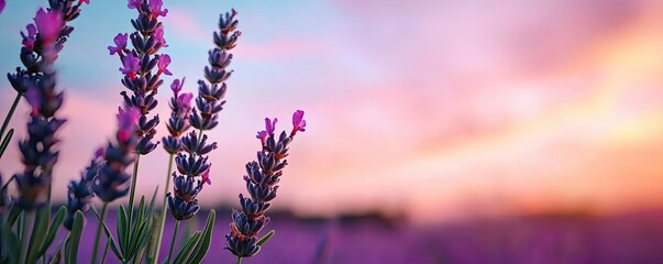 Poster - Minimal skies concept. Blooming lavender flowers against a colorful sunset sky, evoking tranquility and beauty.