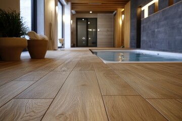 Poster - Modern indoor swimming pool area with wooden flooring and serene ambiance