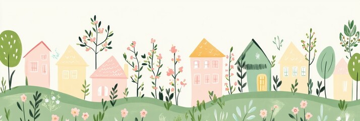 Poster - Colorful playful doodle of charming houses and blooming flowers on a serene landscape. Generative AI