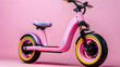 © Butsarakham - A stylish pink electric scooter with a playful design, featuring colorful tires and a comfortable seat, set against a vibrant pink background.