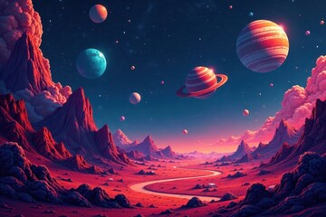 Wall Mural - Retro space travel posters, vibrant colors, celestial bodies, retro, celestial