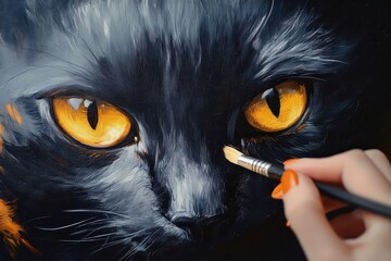 Painting a close-up portrait of a black cat with striking yellow eyes in a creative studio setting