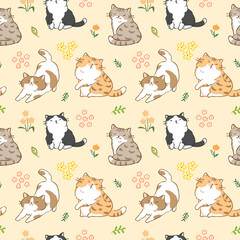  Seamless Pattern with Cute Cartoon Cat and Flower Design on Light Yellow Background. Hand Drawn Vector Illustration.
