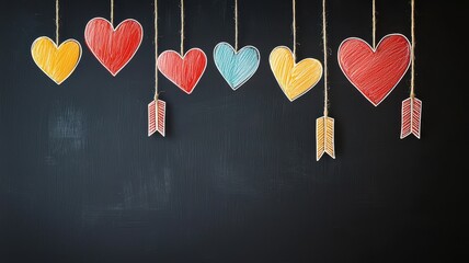 Poster - Valentine's day. Colorful hanging hearts and arrows on a dark background create a whimsical decoration.