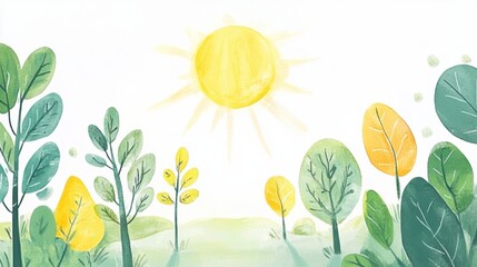 Poster - Bright sunny day with playful doodles of trees and a cheerful sun in a lush green forest setting. Generative AI