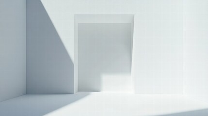 Fototapete - Bright and minimal white room with pristine flat surfaces and soft shadows highlighting the architectural lines. Generative AI