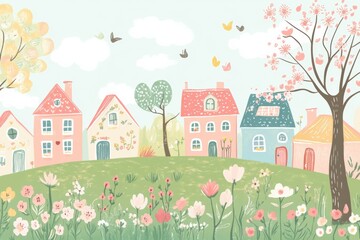 Poster - Doodle of colorful houses with flowers and playful trees in a sunny landscape. Generative AI