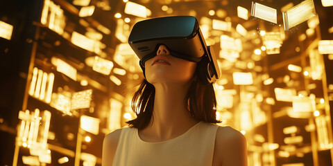 Poster - woman wearing VR headset explores glowing digital library filled with floating illuminated data panels, creating futuristic and immersive atmosphere