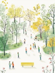 Aufkleber - Playful doodle of a lively park filled with people enjoying a sunny day among vibrant trees and blooming flowers. Generative AI