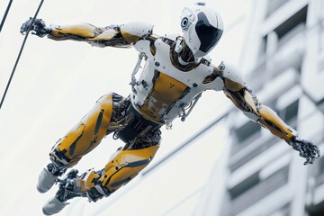 Poster - Robot performs aerial maneuver in urban environment showcasing advanced technology and design