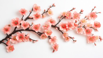 Pink peach apricot flower branch on white background. Beautiful banner background with coral pastel color peach plum flower Artificial flower tree on chinese new year.