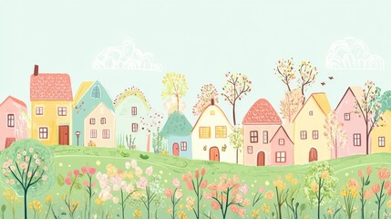 Poster - charming doodle of colorful houses on a serene hillside during springtime with blooming flowers and 