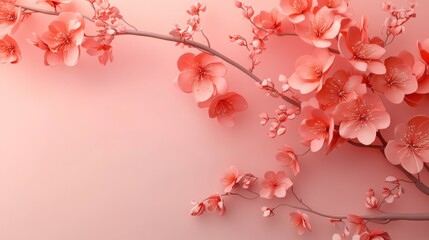 pink peach apricot flower branch on white background. beautiful banner background with coral pastel 