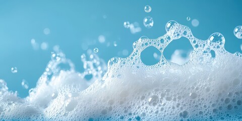 Poster - Close-Up View of Soap Foam with Bubbles Against a Soft Blue Background Capturing Textures and Patterns in a Clean Environment