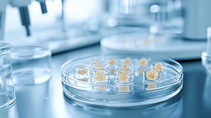 Poster - Close-up of petri dish with genetically engineered microorganisms in a state-of-the-art biotech lab