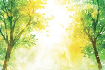 Aufkleber - Bright and cheerful doodle showcasing a sunlit forest with vibrant green trees and warm light filtering through the leaves. Generative AI