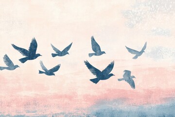 Aufkleber - Flock of birds soaring through a pastel sky in retro risograph style artwork. Generative AI
