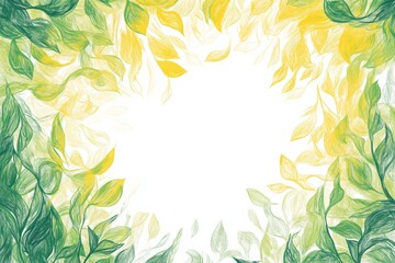 Poster - Elegant doodle of bright green and yellow leaves framing a light center with artistic flair and playful expression. Generative AI