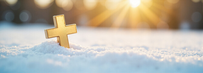 Wall Mural - Golden cross on snowy surface at sunrise with tranquil atmosphere